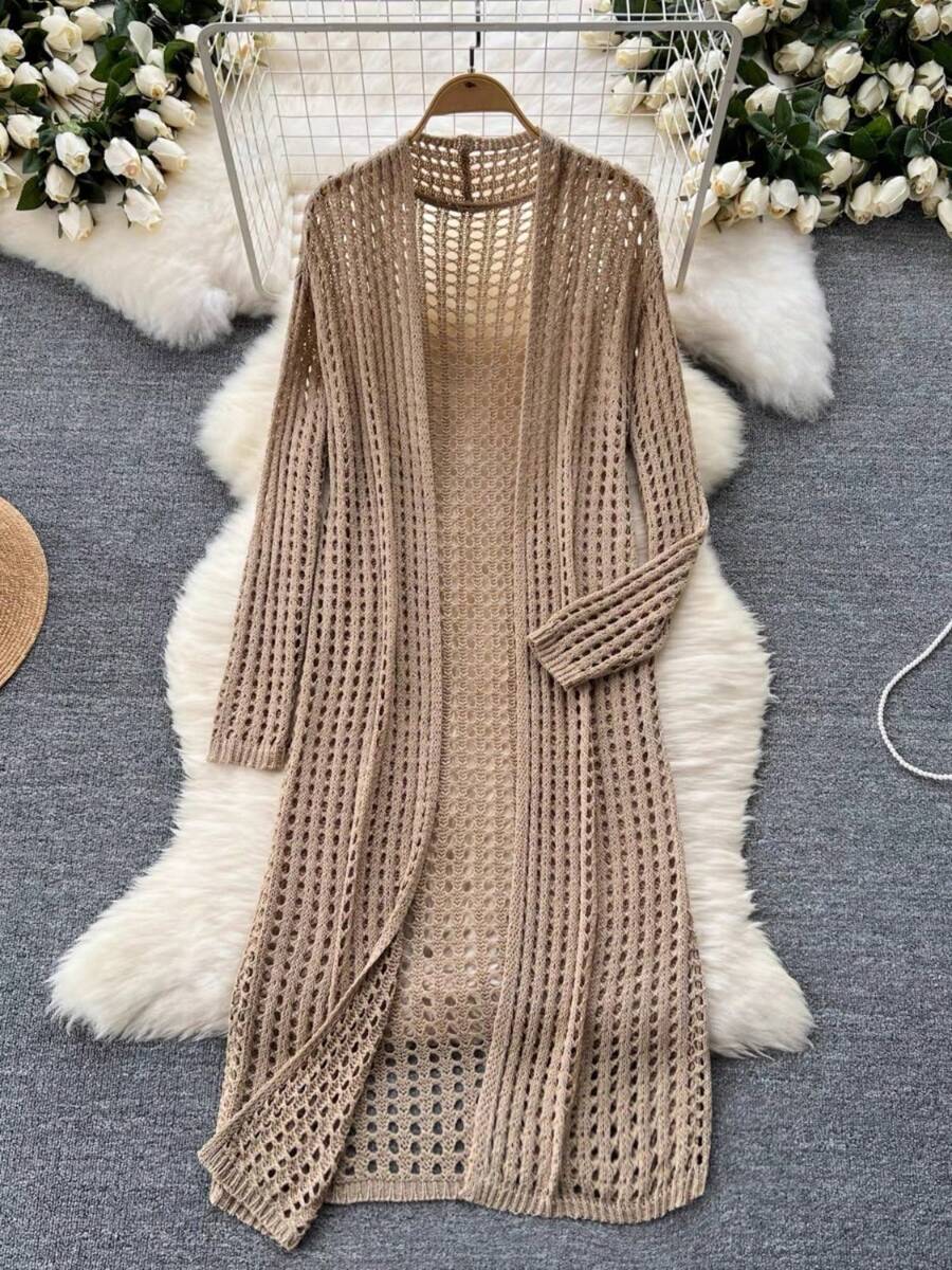 Women's Casual Fashion Knitted Cardigan, Solid Color Loose Fit, Hollow Design, Elegant Outerwear Knitted Cardigan, Bohemian Style, Autumn