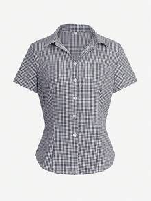 阳光少女风春季情人节女装Y2K返校季棉质修身翻领短袖衬衫，带纽扣，蓝色格子学院风上衣 - 藍色 - 查看 3