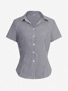 BabeHomee Fall Women Outfits Y2K Back To School Containing Cotton Slim Lapel Short-Sleeved Button Design Blue Checkered University Shirt Top