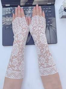 1 Pair Lace Open-Finger Gloves With Wrist Cuffs For Women, Concealing Tattoos, Scars And Blemishes, UV Protection, Stylish Arm Sleeves - Multicolor - View 5