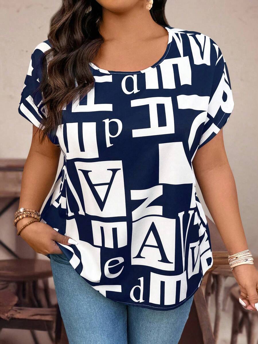 Plus Size Loose Stylish Printed Casual T-Shirt, Flattering - Blue Background Printing - View 1