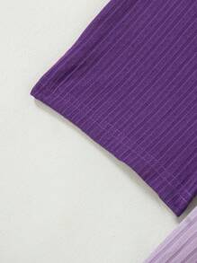 Young Girls 3 Pieces Set: Solid Color Ribbed Floral Print Camisole Jumpsuit - Purple - View 8