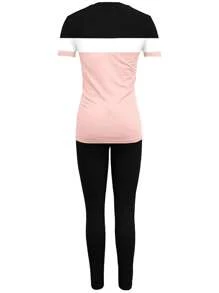 Contrast Color Print Sporty Round Neck Short Sleeve Top & Leggings