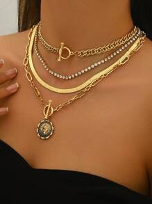 4pcs/Set Rhinestone Embellished Claw Snake Bone Cross Chain Necklace Set, Retro Elegant Choker - Yellow - View 7