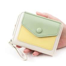 Candy Color Women's Short Wallet, Fresh Minimalist PU Colorblock Accordion Card Holder, Macaron Color Clutch Bag, Coin Purse Zipper Bag - Multicolor - View 9