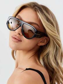 女士复古超大飞行员时尚眼镜，厚框设计，嘻哈朋克风沙滩配饰，度假服饰配件，春夏休闲服饰，夏季沙滩度假、户外活动、旅行的理想礼物 - 查看 1