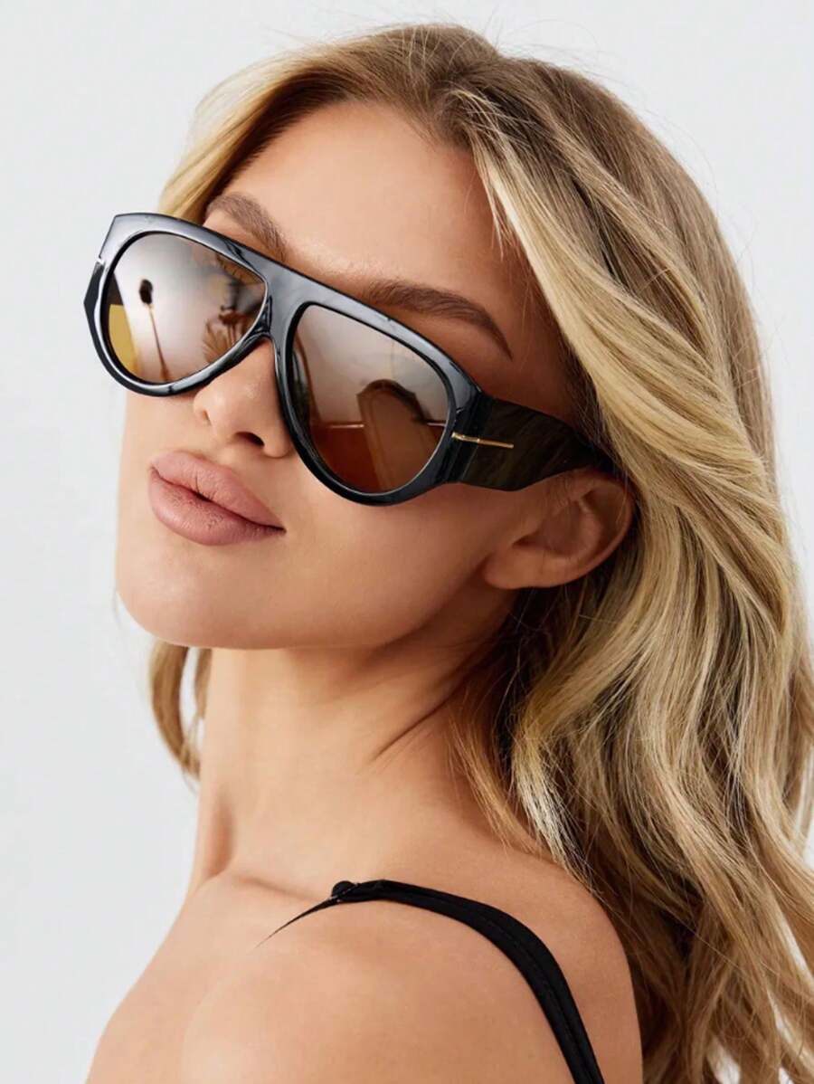 女士复古超大飞行员时尚眼镜，厚框设计，嘻哈朋克风沙滩配饰，度假服饰配件，春夏休闲服饰，夏季沙滩度假、户外活动、旅行的理想礼物 - 查看 1