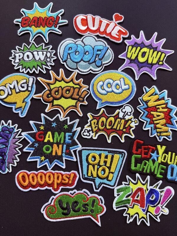Set de 2-3 piezas Parches bordados con frases divertidas como ¡OMG! ¡POW! ¡Wow! ¡BAM! ¡Boom! ¡Juego activado! ¡Boom! ¡Bang! para aplicar en mochila, chaqueta u otras decoraciones de verano y escuela