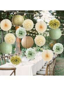 15 pièces Ensemble de décoration de fête vert sauge et or - Lanternes en papier de 10 pouces, fleurs en papier, éventails en papier, idéal pour les mariages d'été, les enterrements de vie de jeune fille, les remises de diplômes, les anniversaires, les mariages, les fêtes de remise de diplômes, les fêtes de tous les jours et les fêtes de vacances