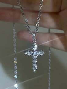 1PC Shiny Crystal Zirconia Cross Pendant Necklace For Women Girls Punk Silver Color Thin Chain Necklace Party Jewelry Birthday Gift
