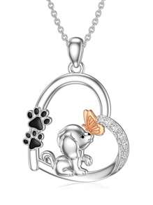 1 件时尚可爱小狗蝴蝶水晶吊坠项链女士 - 銀色 - 查看 6