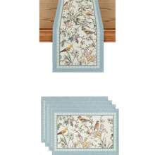 一套 1 件桌旗和 6 件餐垫，采用春季花卉图案设计，可机洗涤纶，多种组合可供选择，耐热，适用于家庭、餐厅、酒店装饰