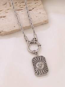 1pc Stainless Steel Moon Pendant Necklace For Women Fashion Engraved Square Charms Twist Chain Necklaces Jewelry Gift