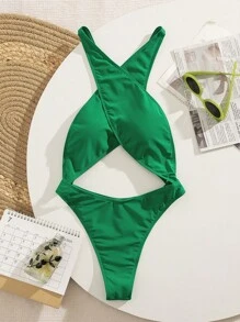 New Summer Sexy One-Piece Bikini, Bodycon Wrap-Around Neck Backless Design, Figure-Flattering For Holiday - Green - View 3