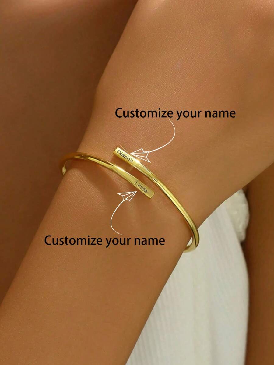 1pc Custom Engraved Name Bangle, Suitable For Engagement Bracelet, Custom Name Jewelry, Stainless Steel, Personalized Bridesmaid Gift, Valentine's Day Or Holiday Perfect Present - Multicolor - View 1