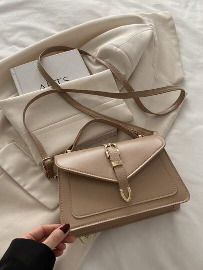 Adjustable Top Handle Elegant Buckle Closure Solid Color Women Handbag