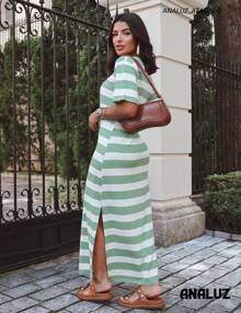 Striped Long Dress With Short Sleeves And Side Slit - 薄荷綠 - 查看 3