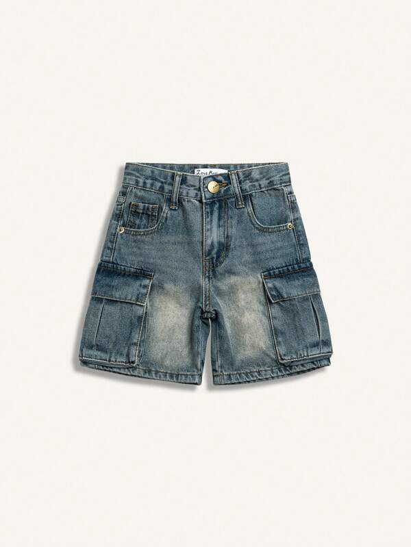 Vintage Washed Cargo Denim Shorts For Small Boys, Relaxed Fit With Multiple Pockets, Comfortable Non-Stretch Casual Workwear Shorts