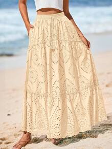 Women's Casual Lace Embroidery Eyelet Elastic High Waist Tiered A-Line Flowy Long Skirt Summer Boho Bohemian Beach Spring Holiday Vacation Going Out Valentine Long Maxi Skirt Outfits - Màu be - Xem 1
