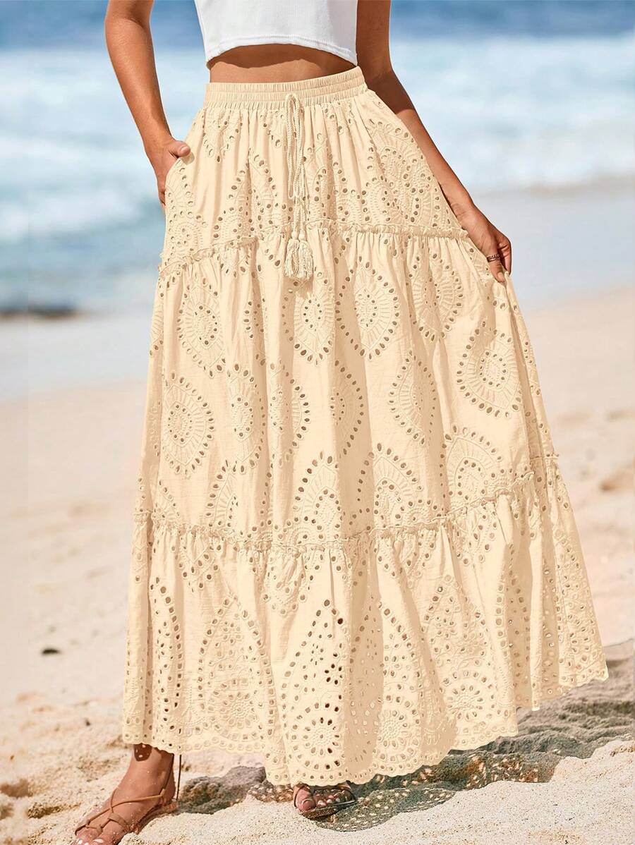 Women's Casual Lace Embroidery Eyelet Elastic High Waist Tiered A-Line Flowy Long Skirt Summer Boho Bohemian Beach Spring Holiday Vacation Going Out Valentine Long Maxi Skirt Outfits - Màu be - Xem 1