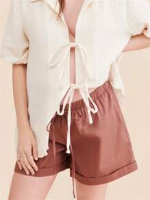 Maternity Shorts For Women Rolled Hem Drawstring Elastic Underbelly Shorts Summer Casual Shorts Pregnancy Clothes - Rust Brown - View 2