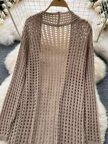 Women's Casual Fashion Knitted Cardigan, Solid Color Loose Fit, Hollow Design, Elegant Outerwear Knitted Cardigan, Bohemian Style, Autumn