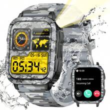 EIGIIS 3ATM 防水男士智能手表，带无线通话 LED 手电筒，1.96 英寸高清户外智能手表，运动健身追踪器手表，带睡眠监测器、锻炼记录、语音助手、计时器、秒表，适用于 iOS Android 手机