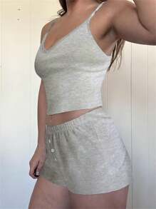 Womens Casual 2 Piece Outfits Sleeveless Lace Trim V Neck Cami Tops + Shorts Set Loungewear - 灰色 - 查看 4