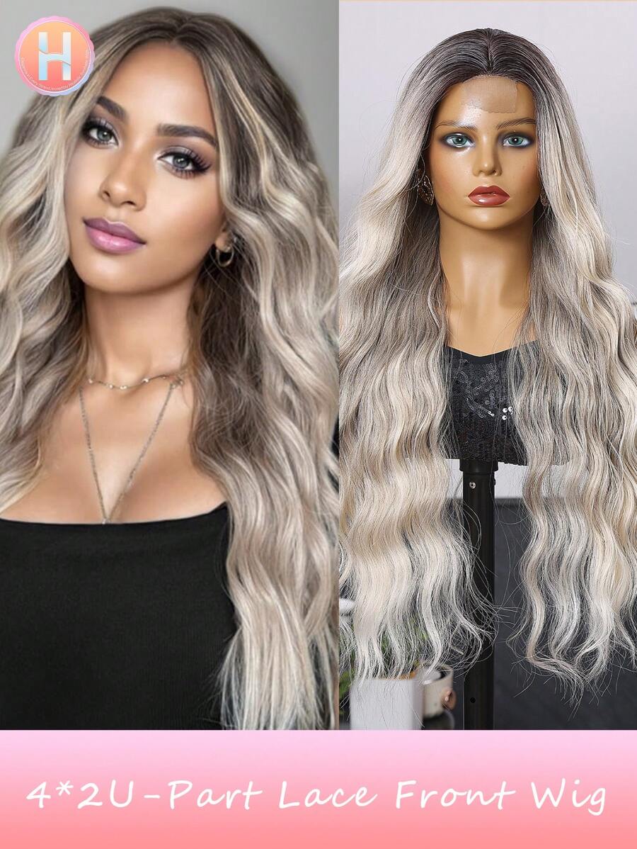 (Multi-Color) U-Part Lace Wigs 4*2 28Inch Body Wave Long Wigs Synthetic Fiber Heat-Resistant Wig Elastic Mesh Cap Suitable For All People Fully Machine Manufactured For Daily Gatherings, High-Quality Women's Natural And Beautiful Synthetic Soft Fake Fiber Hair