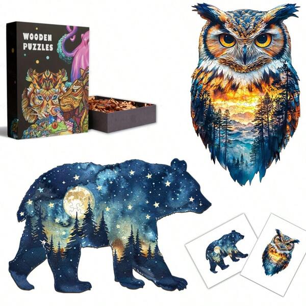 Astral Bear / Forest Owl Wooden Jigsaw Puzzle, Exquisite Paper Box, Shaped Puzzle Toy, Unique Gifts For Kids, Asymmetrical Animal Shaped Wooden Puzzle, Art Deco Painting
