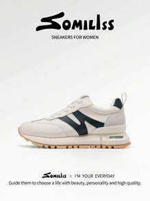 somiliss 2025 New Sports Style Anti-Slip Women's Casual Sneakers, Front Lace-Up, Synthetic Leather & Fabric, Breathable & Comfortable, Tennis/Running Shoes, Classic Retro Flat Low-Top Outdoor Walking Shoes, Black & White