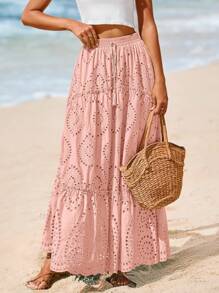 Women's Casual Lace Embroidery Eyelet Elastic High Waist Tiered A-Line Flowy Long Skirt Summer Boho Bohemian Beach Spring Holiday Vacation Going Out Valentine Long Maxi Skirt Outfits - 粉色 - 查看 5