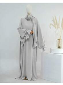 1 件穆斯林女性长袍带头巾，花袖设计，褶皱面料，宽松舒适，适合穆斯林女性日常穿着、祈祷、迪拜时尚、端庄