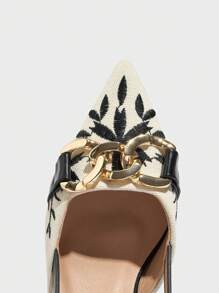 Fall/Winter 2025 Women's Pointy Toe Chain Embellished Floral Embroidery Kitten Heel Slingback Pumps, Elegant For Party, Formal Occasion, Festive Celebration, Commute, Suitable For Spring/Summer, Black,Elegant,Pointed Heels