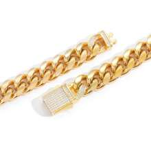Miami Cuban Link Bracelet 18K  Gold Plated Hypoallergenic Premium Stainless Steel Hip Hop Jewelry For Men Women Father Day Birthday Gift (No Color Fade, Double-Sided Iced Out Clasp) - 金色 - 查看 4