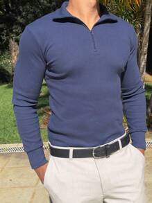 Cacharrel Zip Polo Neck Long Sleeve ITALIAN Classic - Navy Blue - View 9