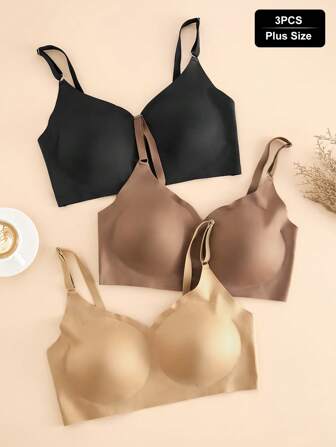 3PCS Plus Size Multi-Color Seamless With Cup Pad Women's Underwear, Breathable Casual Daily,Back-To-School Best-Selling Item