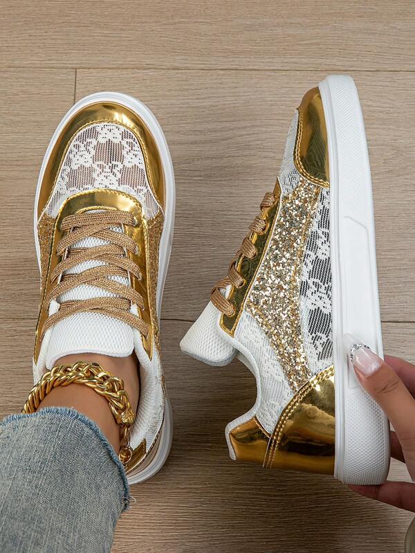 New Shiny Metallic Style Shoes, Gold Glitter Vamp Fashion Comfortable Versatile Women Lace Breathable Flat Loafers, Casual Athletic Sneakers