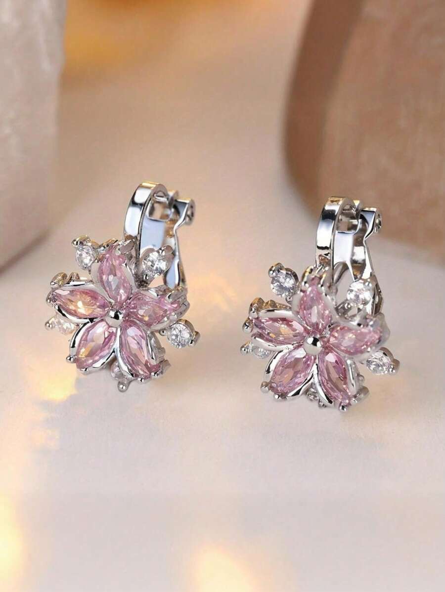 Tsnamer 1 Pair Cubic Zirconia Sakura Clip-On Earrings, Fashionable & Cute Earrings For Women Without Pierced Ears, Daily Wear Jewelry Gift