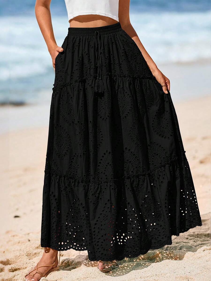 Women's Casual Lace Embroidery Eyelet Elastic High Waist Tiered A-Line Flowy Long Skirt Summer Boho Bohemian Beach Spring Holiday Vacation Going Out Valentine Long Maxi Skirt Outfits - 黑色 - 查看 1