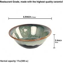 4 cuencos de cerámica para fideos japoneses de 17 onzas para sopa de ramen, fideos asiáticos, cuencos de fideos grandes, esmalte reactivo negro, 6.9 pulgadas - Café integral - Ver 2