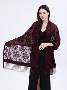 1pc Women's Knit Solid Color Paisley Floral Handmade Floral Lace Fringe Scarf, Fashion Soft Warm Shawl Wrap For Party, Versatile All Season - Lace Cashew - View 14