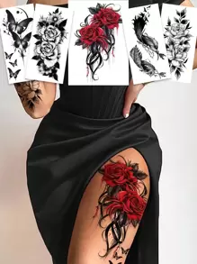 Set di 5 tatuaggi temporanei, con disegni di rose rosse e nere, piume e farfalle nere, impermeabili, adatti a braccia, gambe, cosce, petto, polpacci, caviglie e addome, sicuri, facili da usare e rimuovere, adatti sia per uomini che per donne