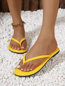 Women's Elegant & Comfortable Flip Flops, Casual Street Fashion Personalized Vacation, Yellow Plain Color Outside Wear Flat Slip On Thong Sandals Suitable For Spring/Summer, Beach