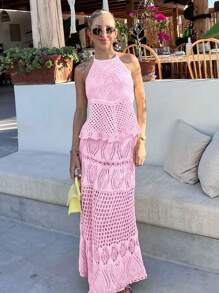 FOR BEAUTY Women 2 Pieces Outfits Set For Spring And Summer, Pink Lace Up Hanging Collar, Backless Knitted Vest Top&Hip Hugging Skirt, Hollowed Out Elegant, Music Festival,Honeymoon Wedding Season Vacation Style, Thin Sweater Fashion Women's Sets - Pink - View 4