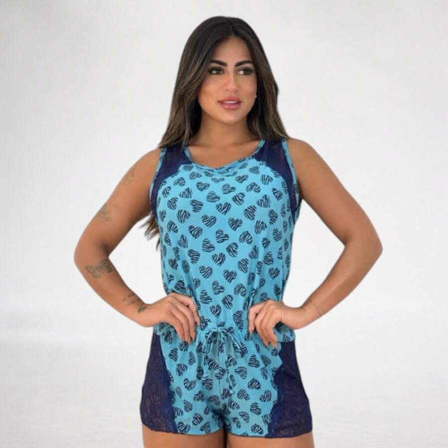 Baby Doll Luxo Pijama Conforto Liganete com Renda Estampado