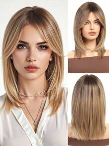 14 Inch High Quality Women's Wig, Natural Brown Color With Bangs And Layered Style, Made Of Heat-Resistant Synthetic Fiber, Suitable For Vacation, Travel, Cosplay, Parties And Daily Wear - Ombre - View 3