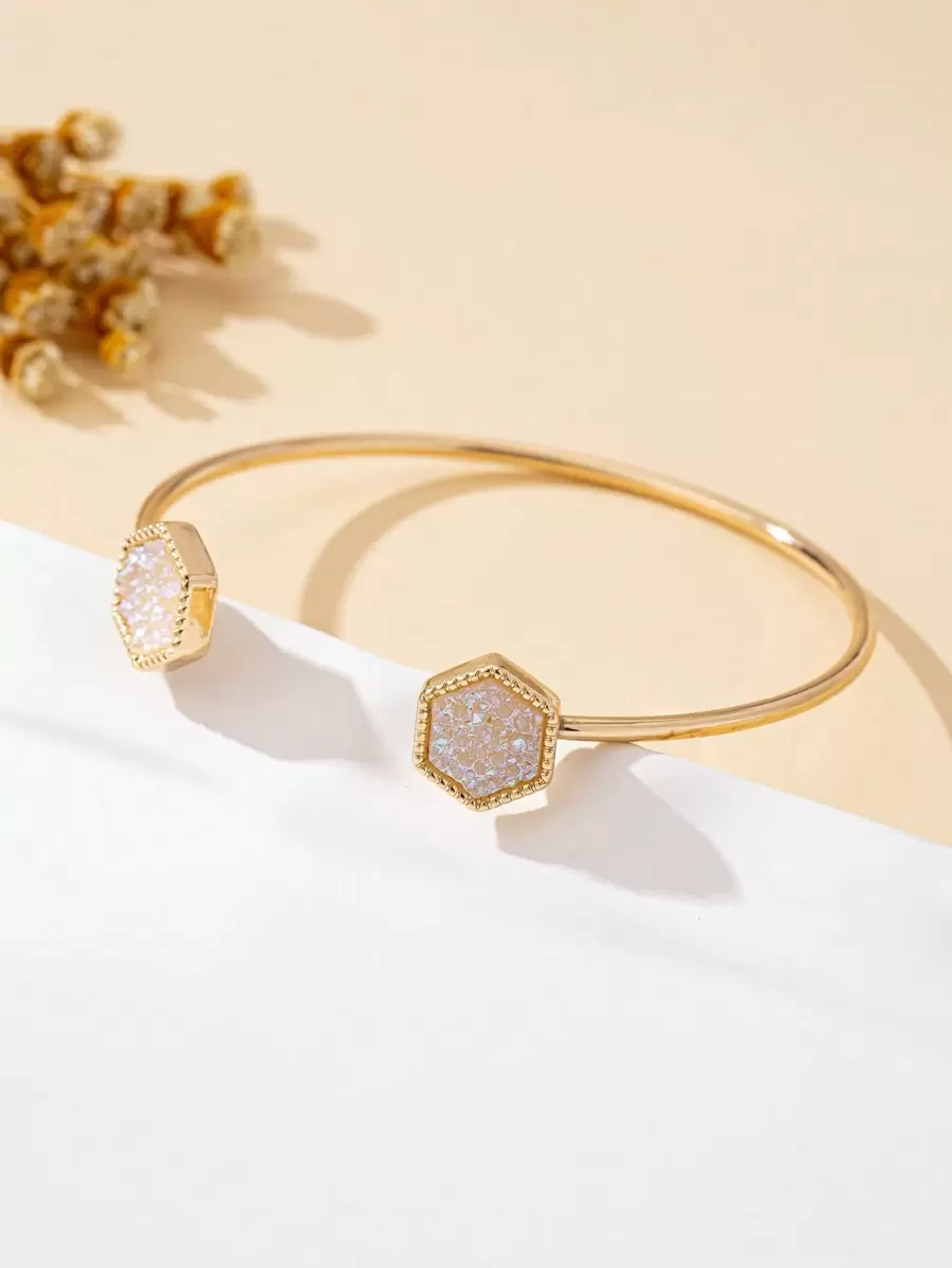 1pc Women's Fashion Open Bangle Bracelet, Elegant Adjustable Resin Inlaid Minimalist Jewelry - White - View 1