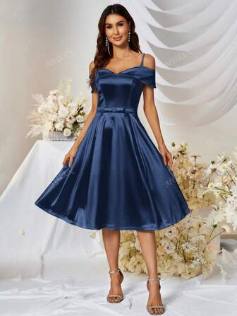 MUXXN Vintage 1950's Cold Shoulder Satin A-Line Bridesmaid Dress