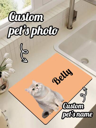 1pc Personalized Pet Photo + Name Drying Mat, Custom Kitchen Countertop Decor, Perfect Gift For Pet Lovers, Add A Touch Of Love To Your Kitchen With A Custom Drying Mat Featuring Your Pet's Photo And Name, A Thoughtful And Unique Gift For Pet Owners, Ideal For Showing Off Your Furry Friend While Keeping Your Countertops Neat And Dry